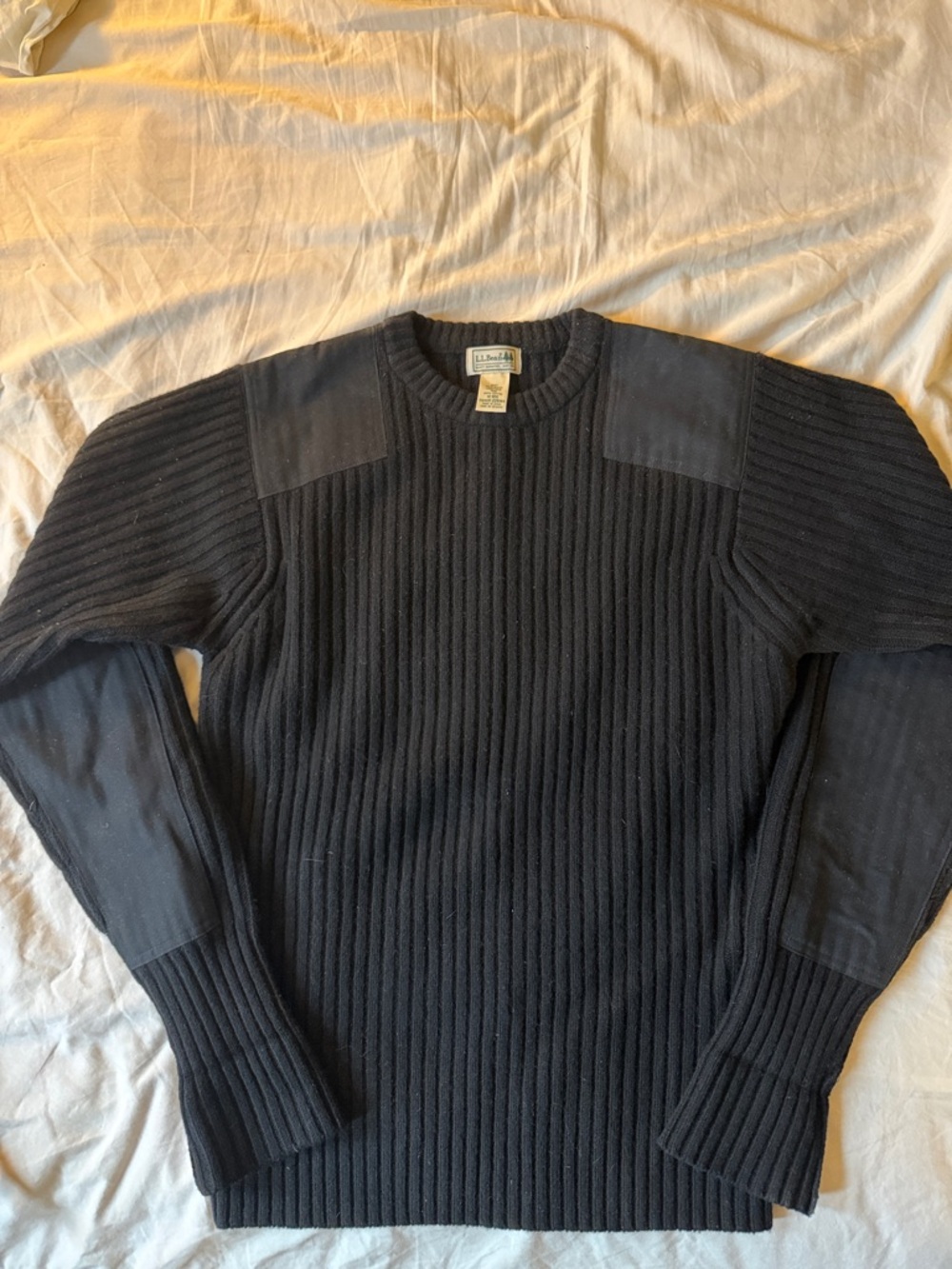 L.L. Bean Men's Black Ribbed Crewneck Sweater with Shoulder & Elbow Patches wool
